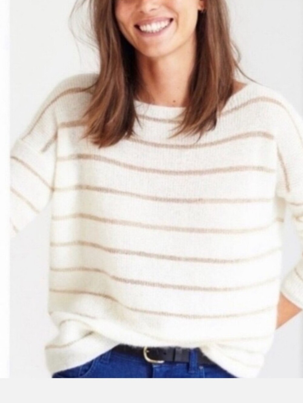 Sezane Cozy Cream Striped Boatneck Sweater - Medium